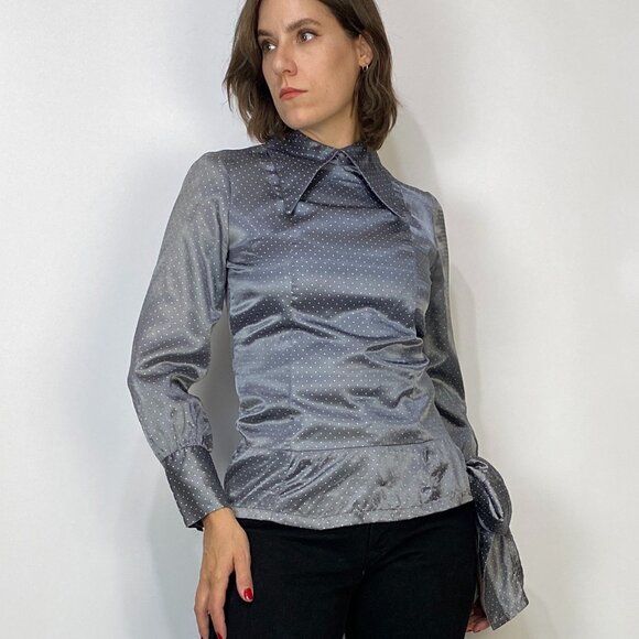 Vintage 1970s DAGGER Collar Polka Dot DISCO Top with Bow! Small to Medium - Picture 3 of 7